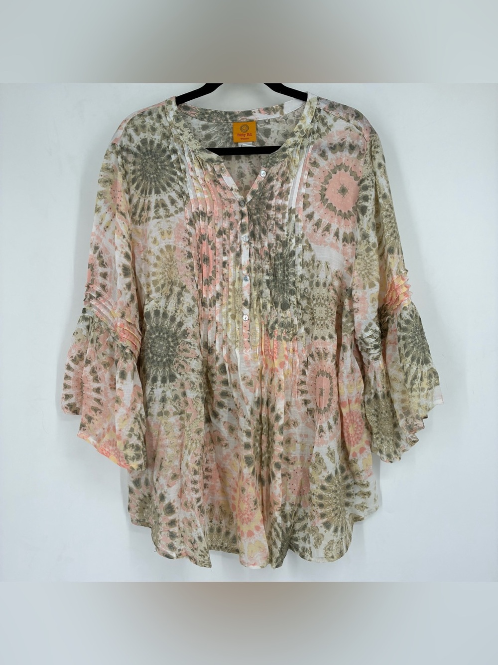 Rudy Rd Plus Size 2X Tie Dye Sheer Blouse Henley Button Neck Pink Hippie Green